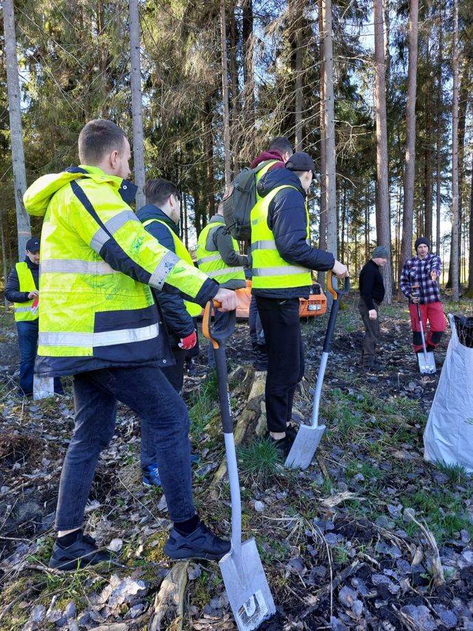 Volunteers in high-visibility vests planting